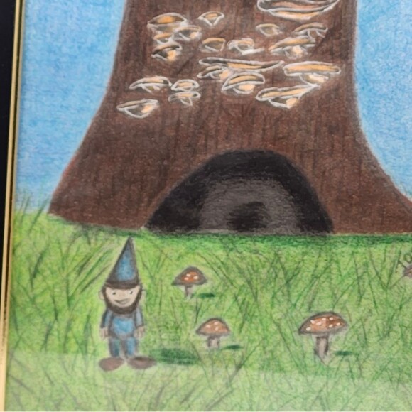 Hand Crafted Gnome Tree House Colored Pencil Drawing Framed 9x11" - Picture 9 of 13